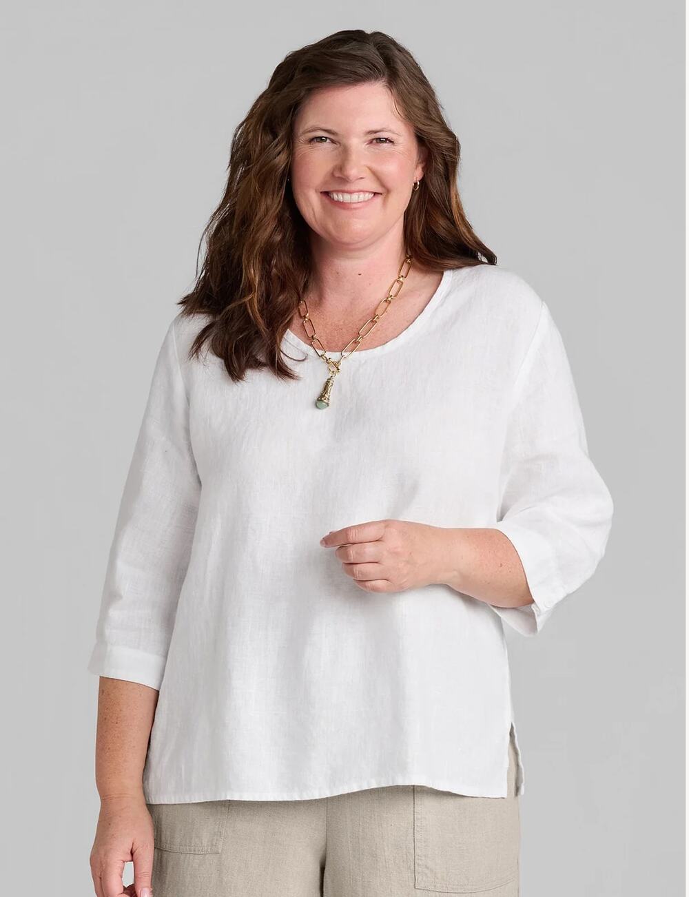 Flax 3/4 Pullover 100% Linen Top M Ivory Lagenlook Cottagecore Coastal Boho chic